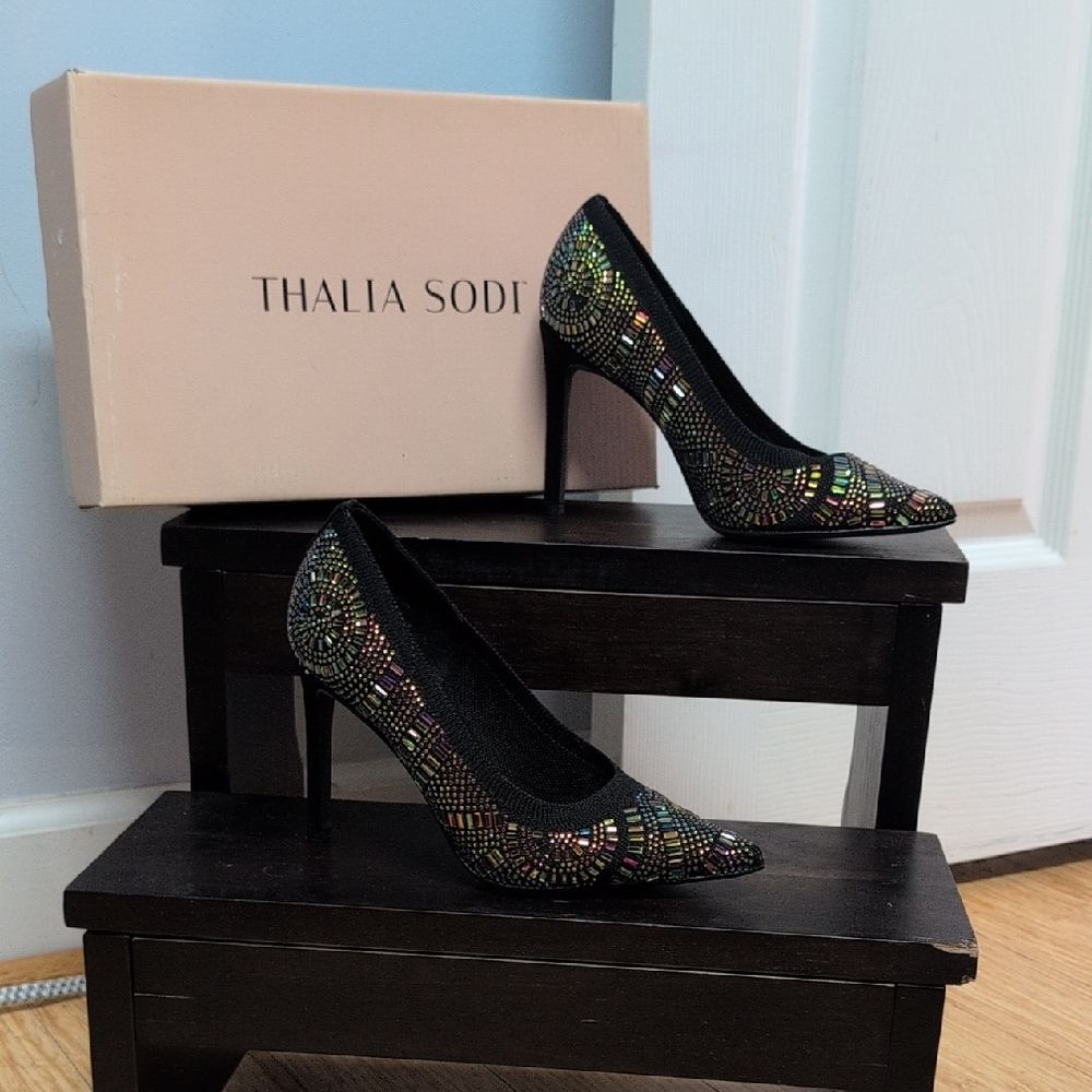 Thalia Sodi Black Stiletto Heels Vibrant Multicolor Rhinestones Size 5.5 NEW